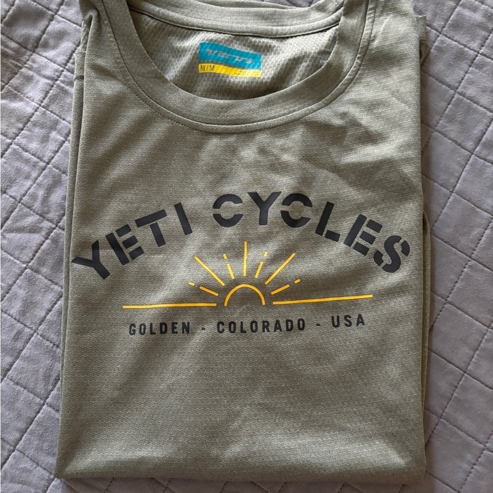 Yeti Olive Muscle Tee with Black and Yellow Print NWOT